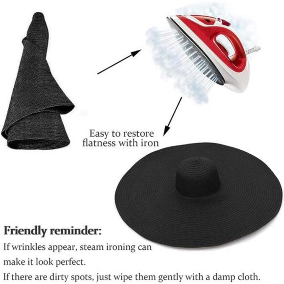 Black Straw Hat Trendy Wide Brim Floppy Large Oversized Visor Hat Cap Beach - Picture 6 of 6